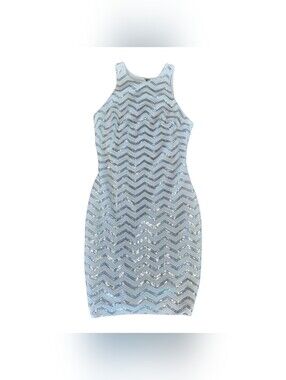 Cache Silver sequin High Neck Bodycon Mini Dress Size Medium‎ Clubwear Metallic